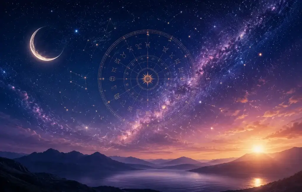 Astroloji çemberi, yıldızlı gökyüzü, Ay ve doğan Güneş
