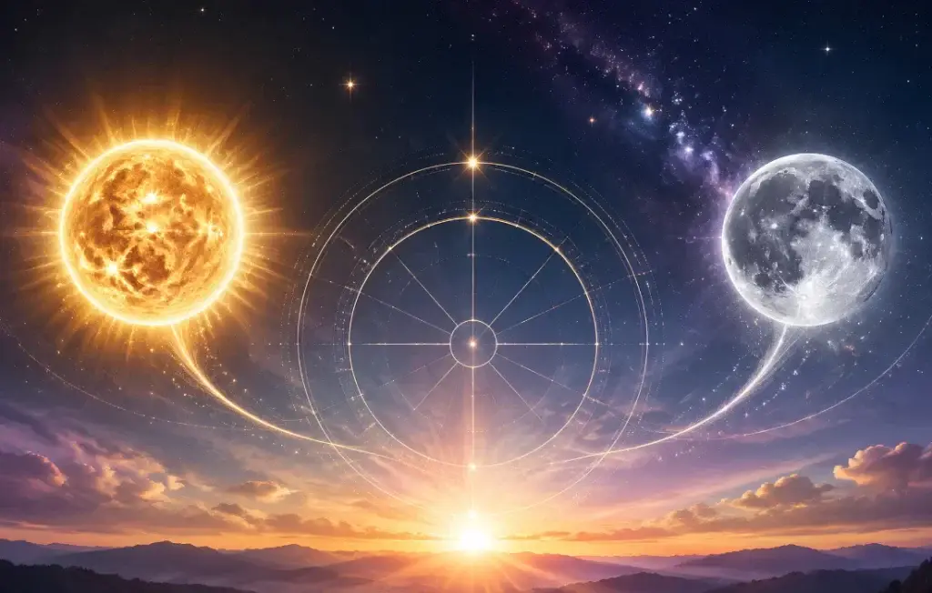 Doğum haritasında Güneş, Ay ve yükselen burcu temsil eden astroloji çemberi