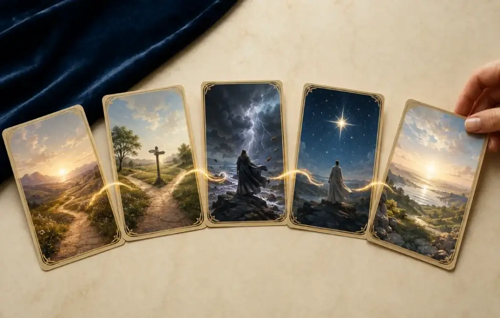 Masa üzerinde sıralanmış tarot kartları ve kartlardaki semboller