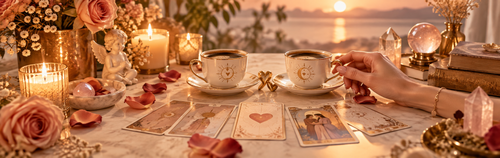 Aşk ve ilişki yorumu için hazırlanmış romantik masada tarot kartları, kahve fincanları, mumlar, güller ve kristaller.