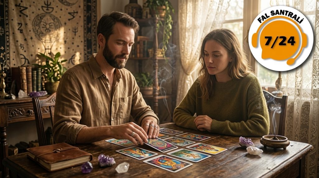 bir erkek falcı kadın müşteriye durugörü falı ve tarot falı bakıyor