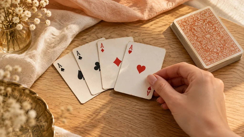 Ahşap masada iskambil tarot açılımı için kupa asını maça, sinek ve karo kartlarının yanına yerleştiren el.