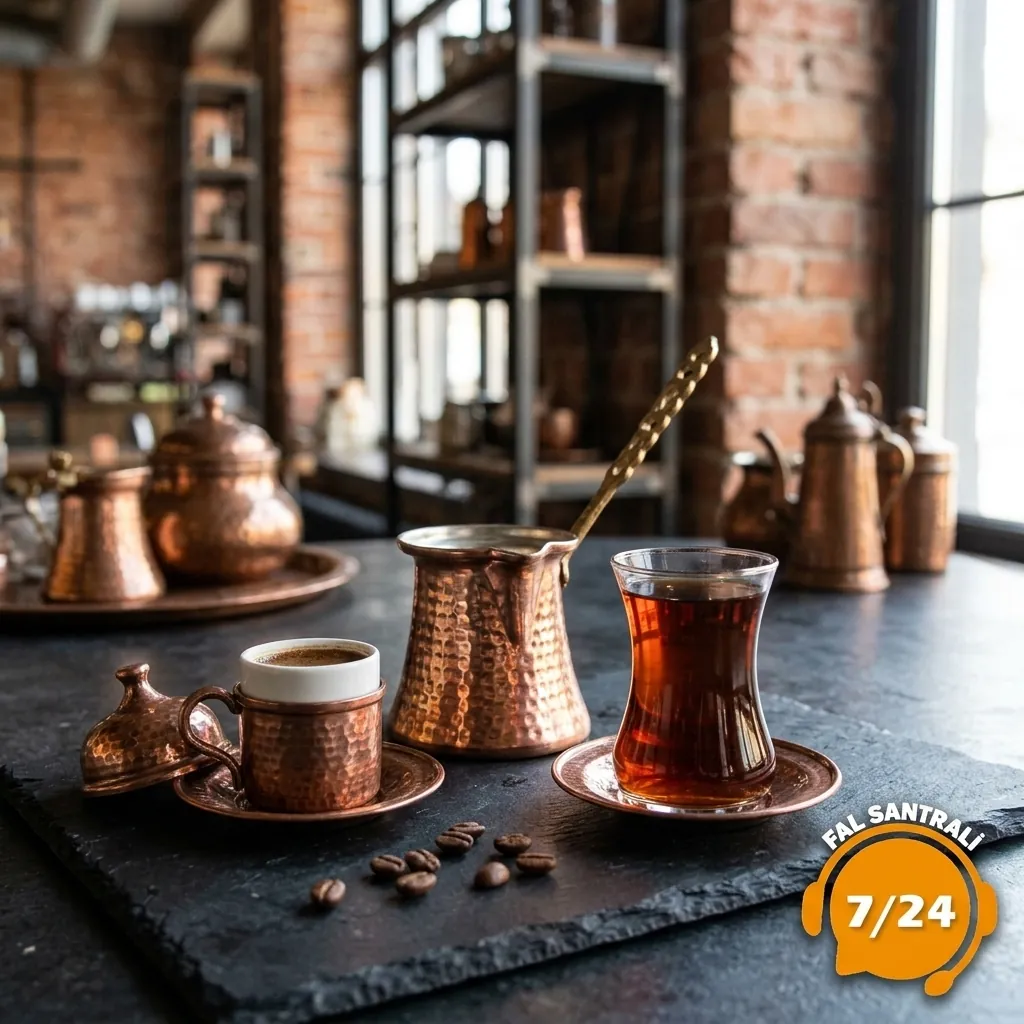 Bakır cezveler yanında kahve ve çay