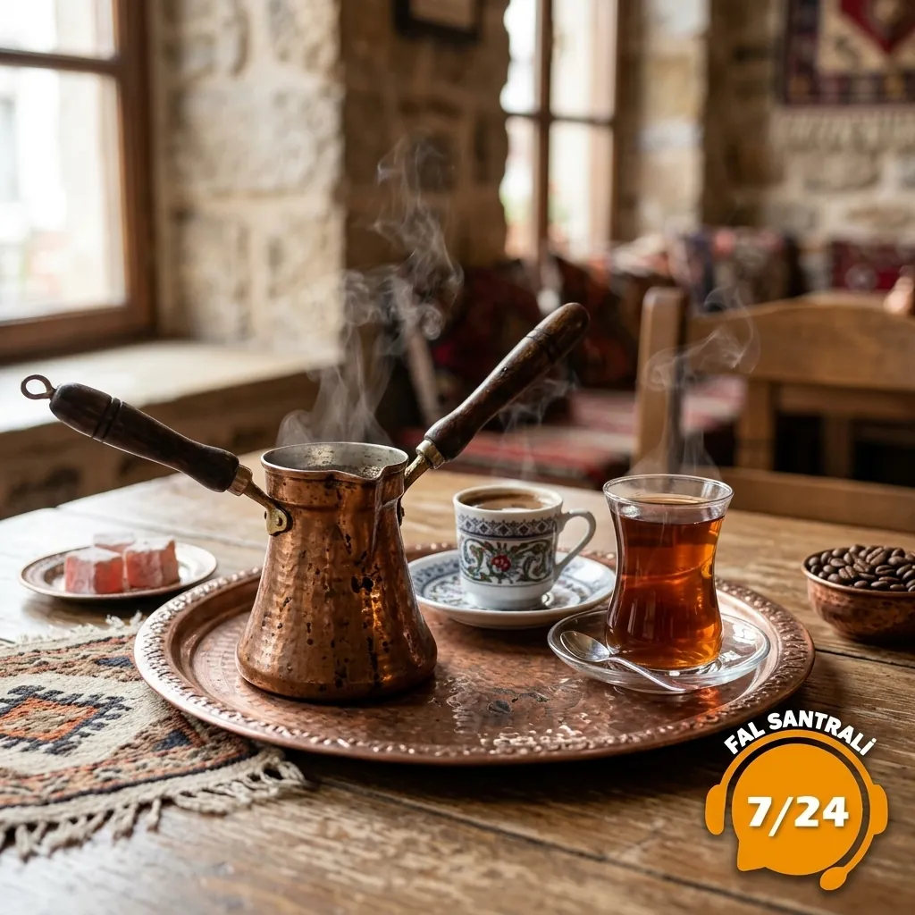 Bakır cezveli geleneksel kahve ve çay tepsisi