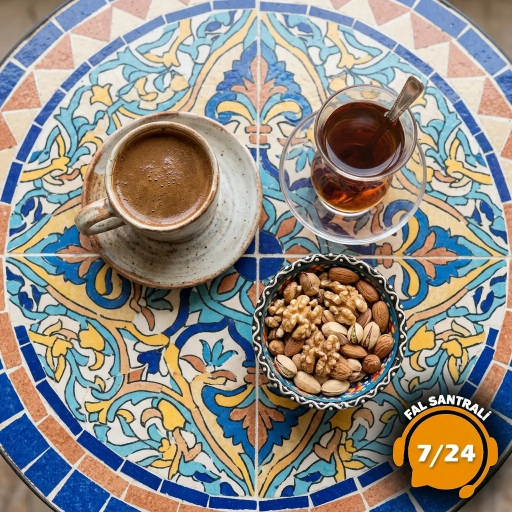 Çini desenli masada kahve çay ve ceviz