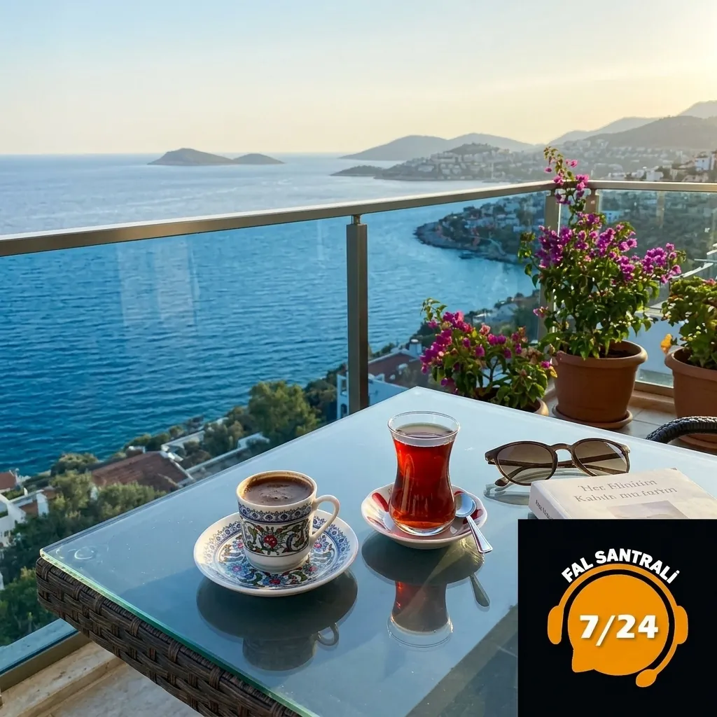 Deniz manzaralı balkonda kahve ve çay
