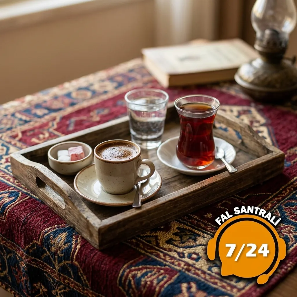 Desenli örtüde ahşap kahve ve çay tepsisi