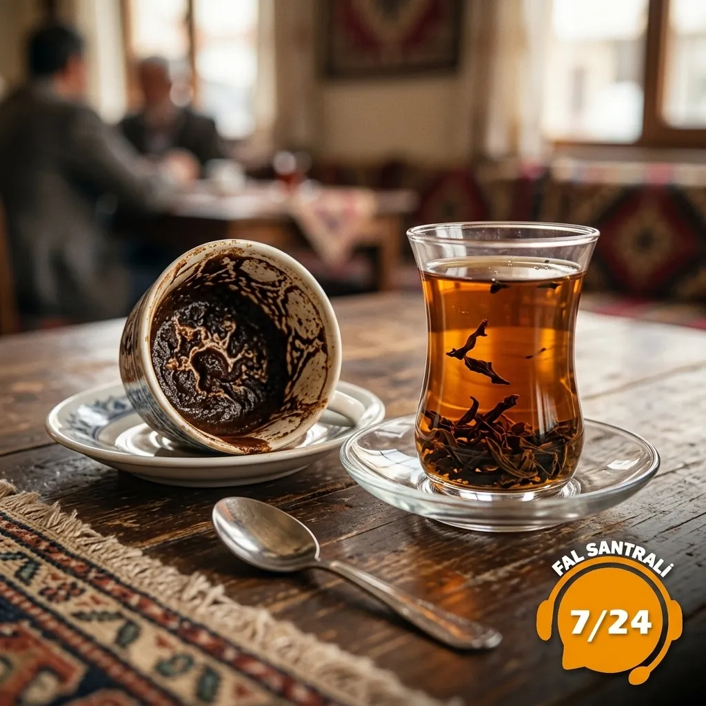 Masada yana yatırılmış telveli kahve fincanı ve yaprak tortulu çay bardağı.