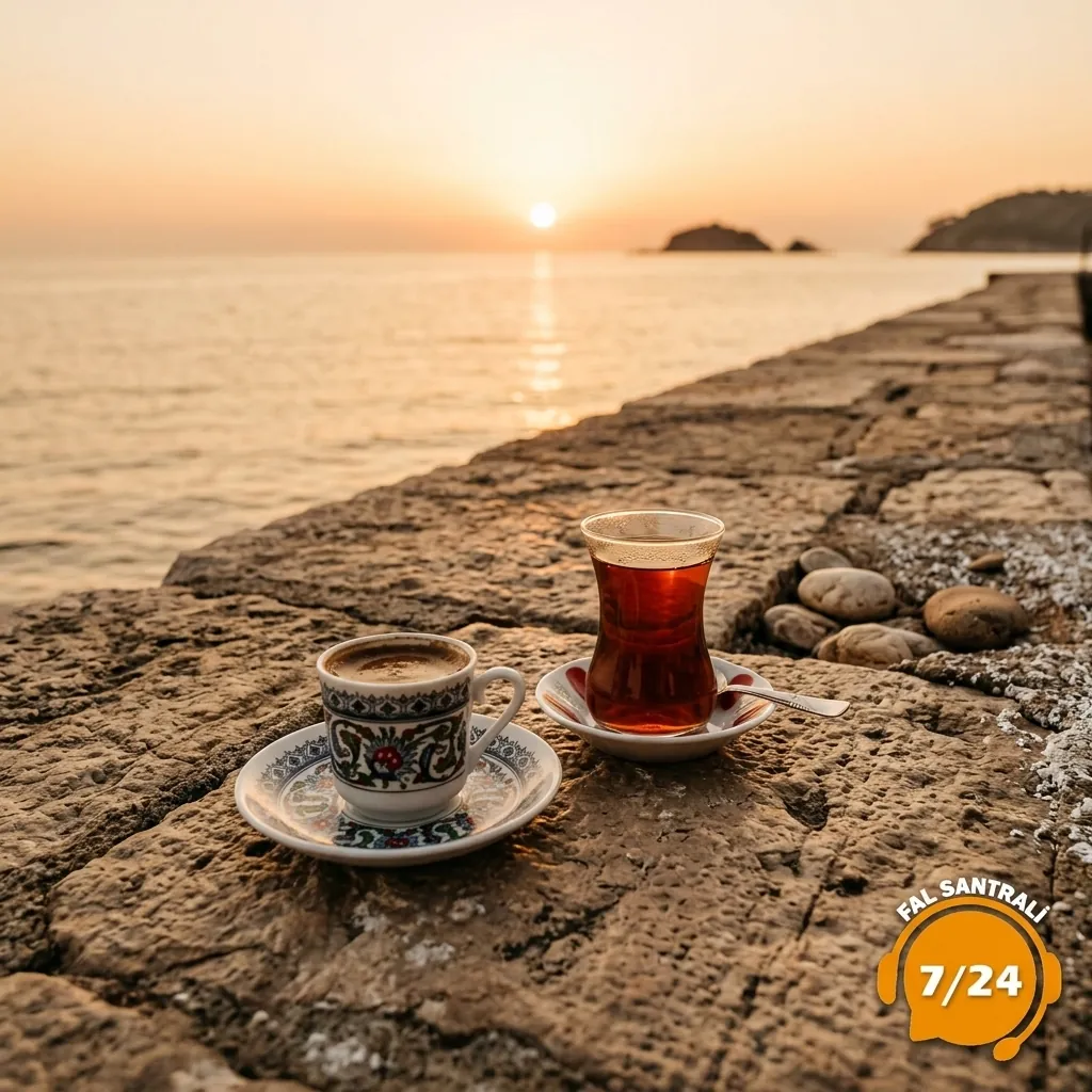 Gün batımında deniz kenarında kahve ve çay