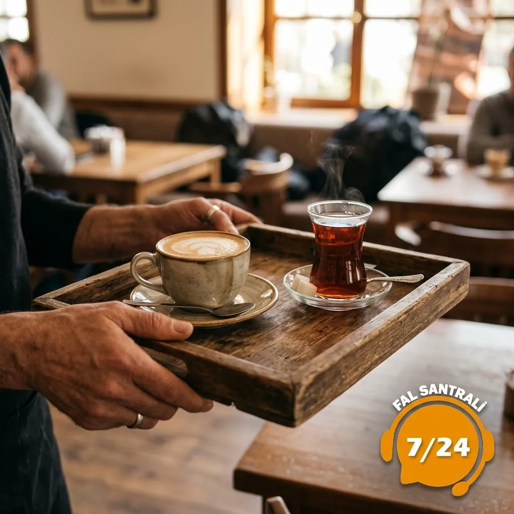 Kafede ahşap tepside kahve ve çay servisi