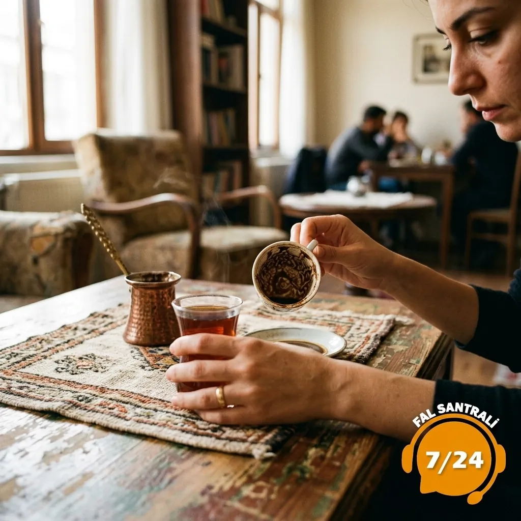 Kafede kahve falı fincanını inceleyen kişi