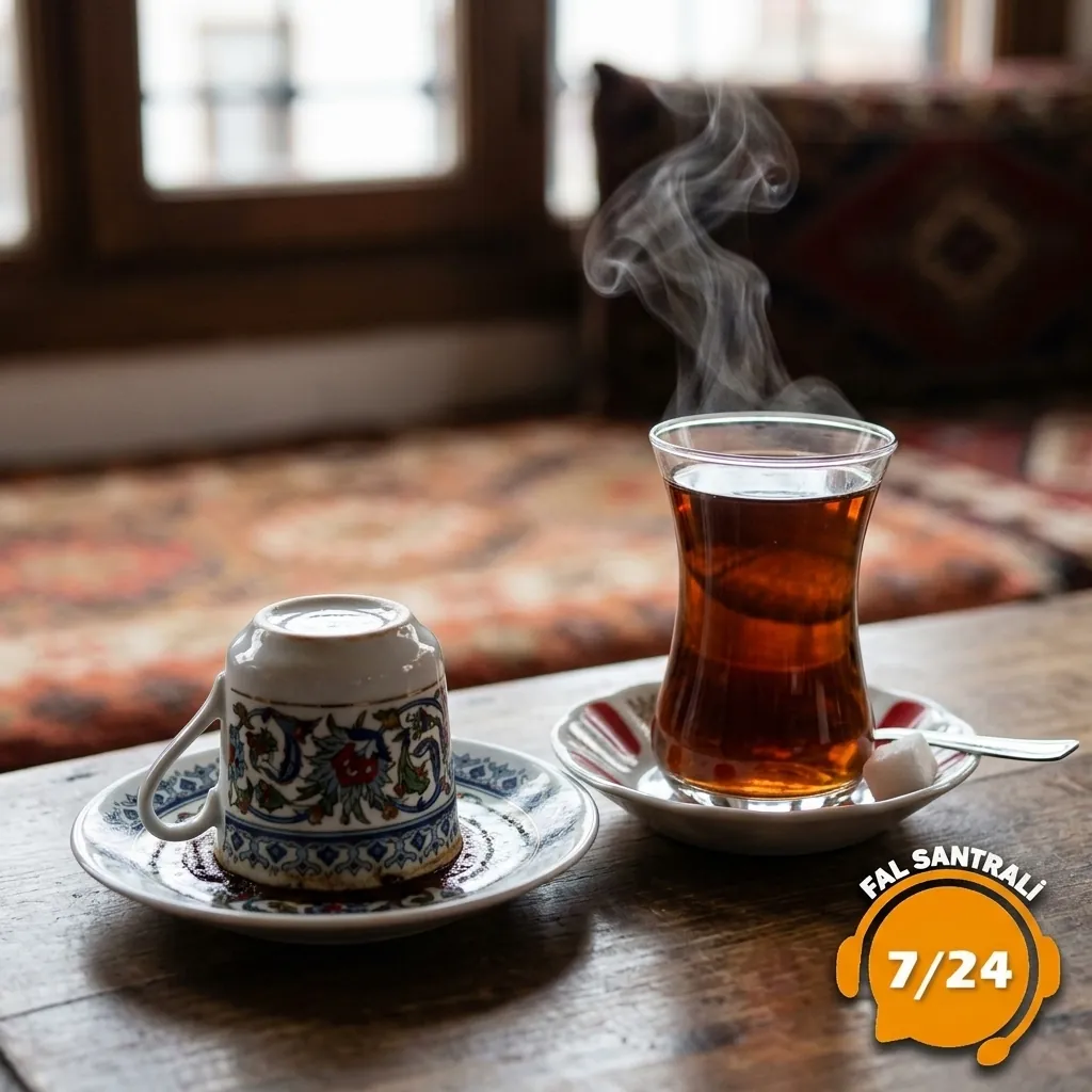 Kapatılmış kahve falı fincanının yanında sıcak çay