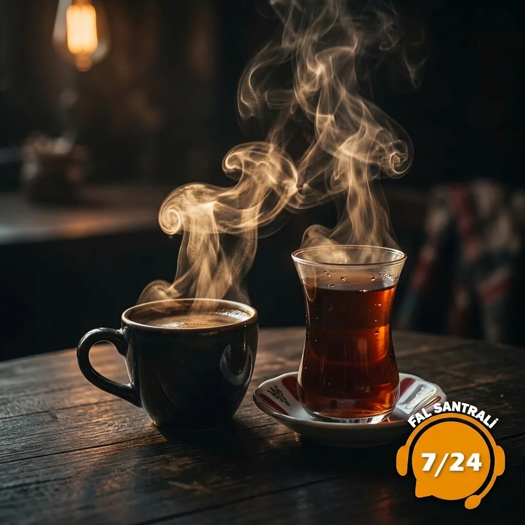 Karanlık fonda buharı yükselen kahve ve çay