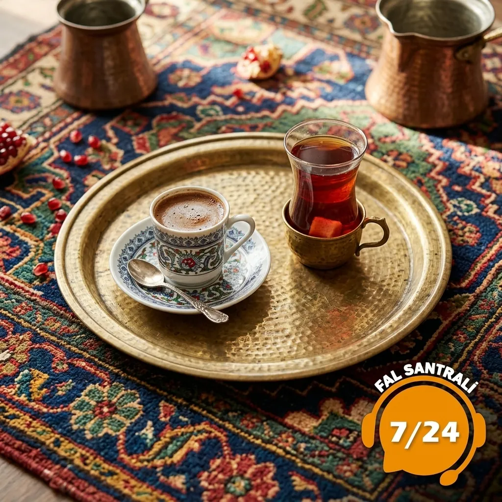Kilim üzerinde bakır tepside kahve ve çay