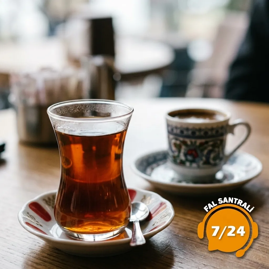 Ön planda çay ve arkada kahve fincanı