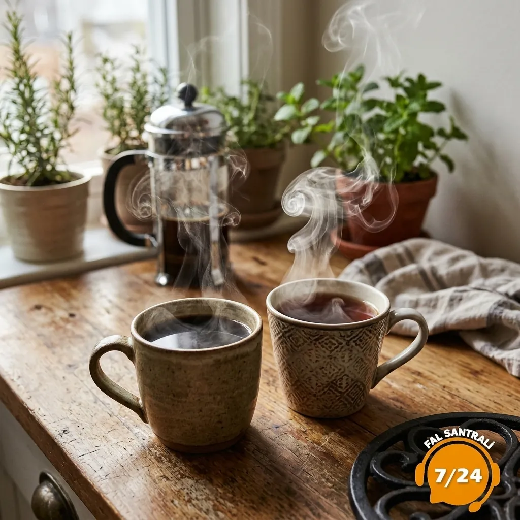 Pencere önünde buharlı kahve ve çay