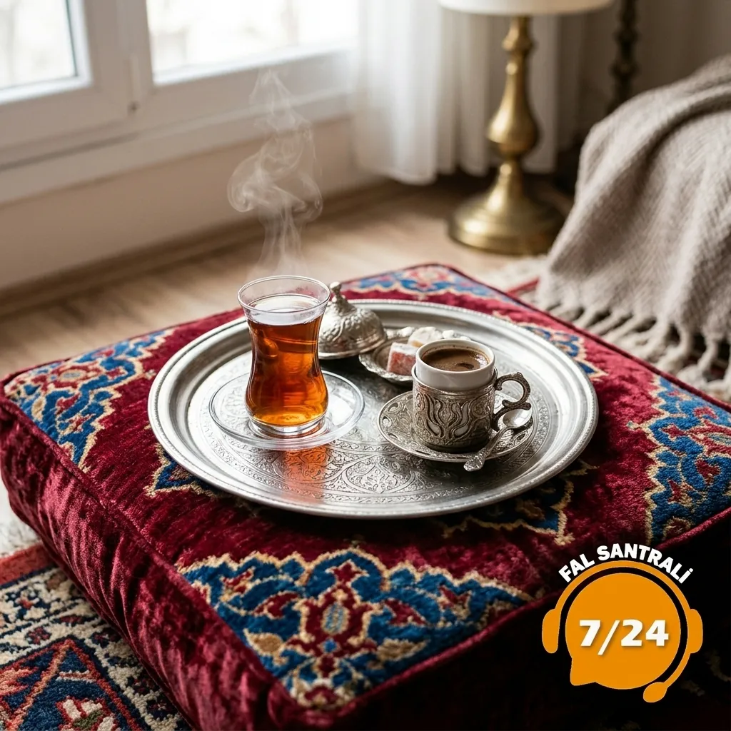 Renkli örtü üzerinde kahve ve çay tepsisi