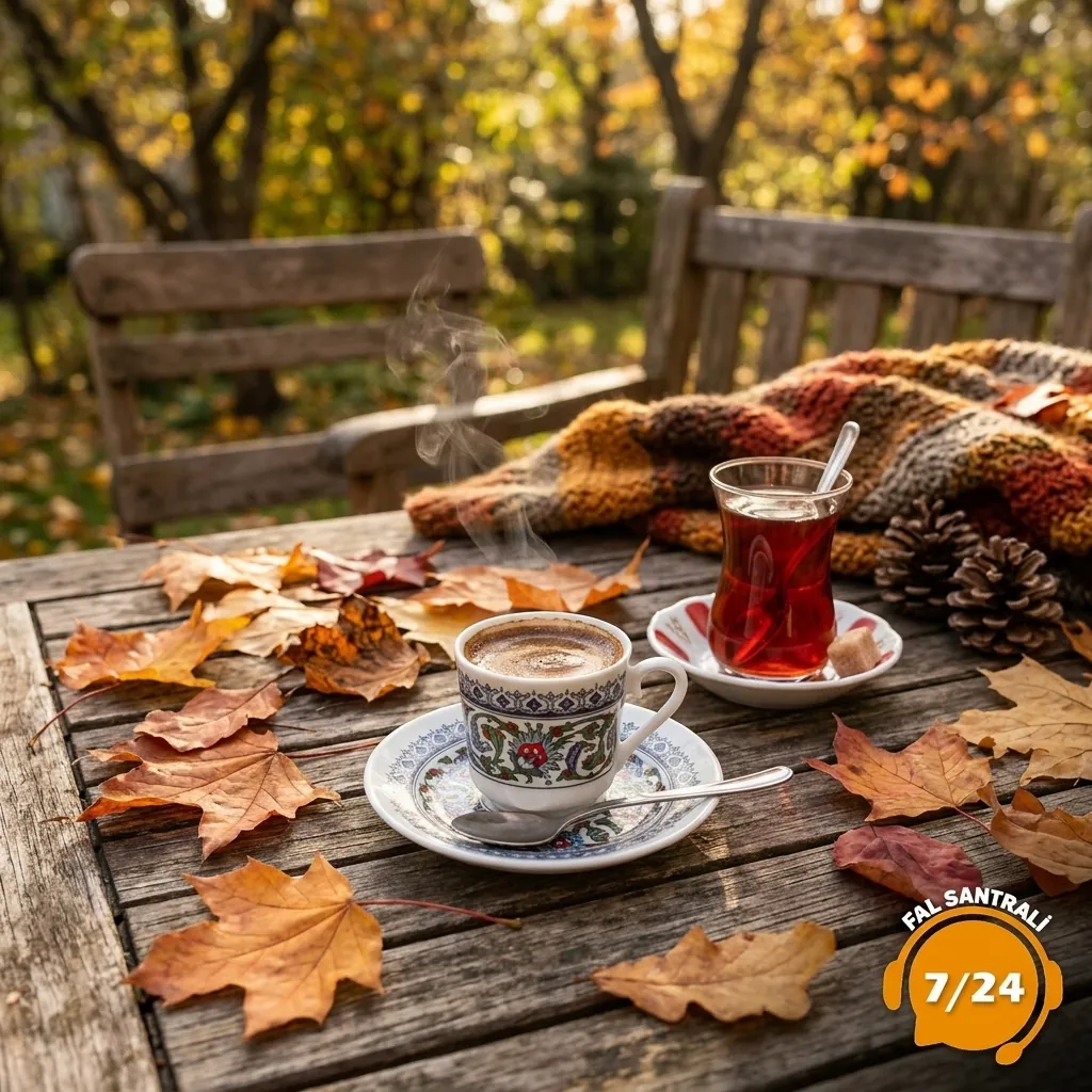 Sonbahar bahçesinde kahve ve çay falı