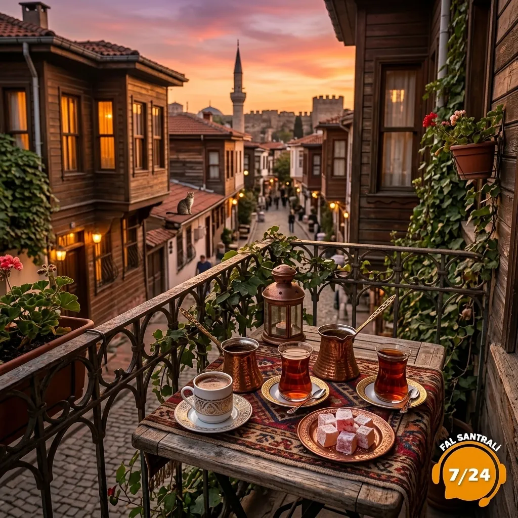 Tarihi sokak manzarasında kahve ve çay
