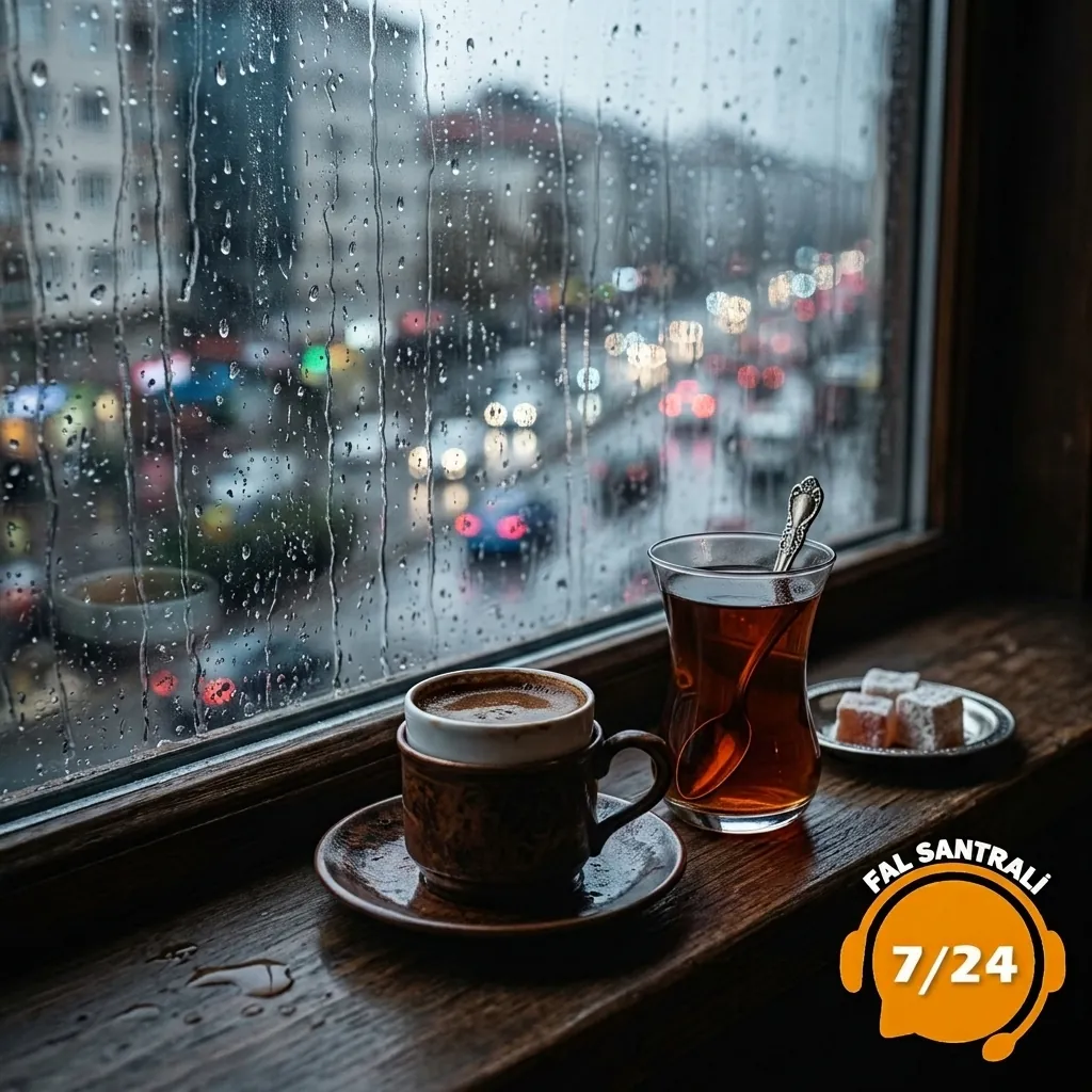Yağmurlu şehir manzarasında kahve ve çay