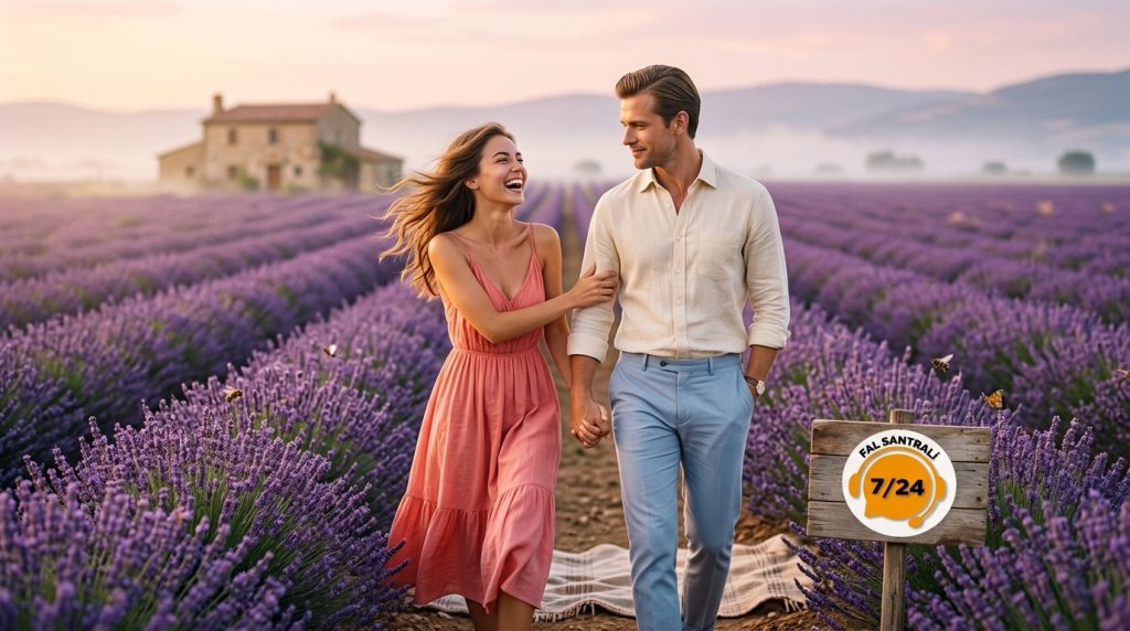 Kahve falı ve Koç kadını Başak erkeği uyumu konulu görselde, Türkiye’de turistik bir mekanda romantik bir çift, kahve fincanı ve Fal Santrali logosu yer alıyor.