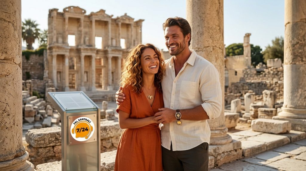 Koç kadını Aslan erkeği uyumu konulu görselde, Türkiye’de turistik bir mekanda el ele romantik bir çift ve Fal Santrali logosu yer alıyor.