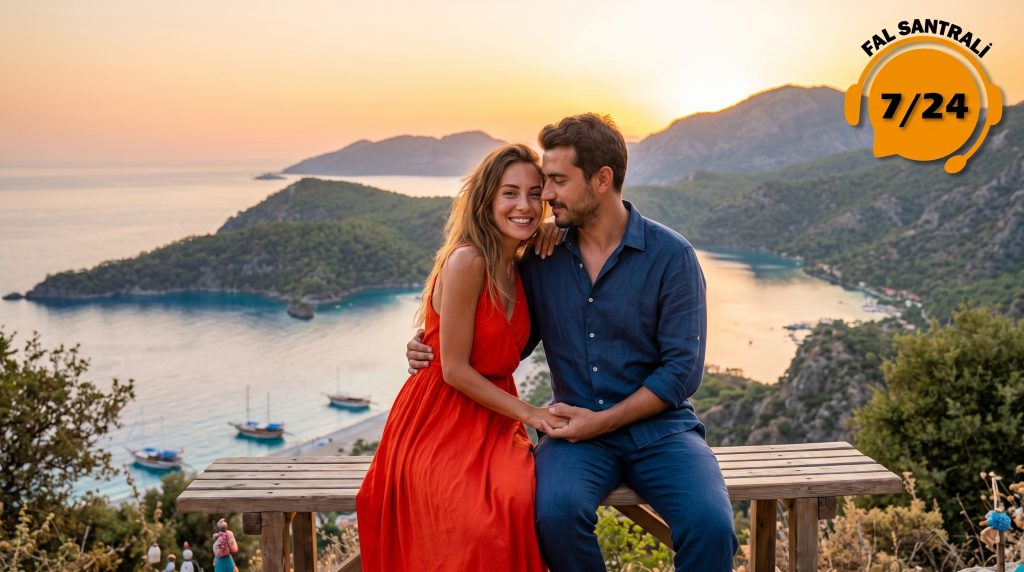Fethiye Ölüdeniz tepesinde gün batımında sarılan Koç kadını ve Boğa erkeği çifti - Fal Santrali 7/24.