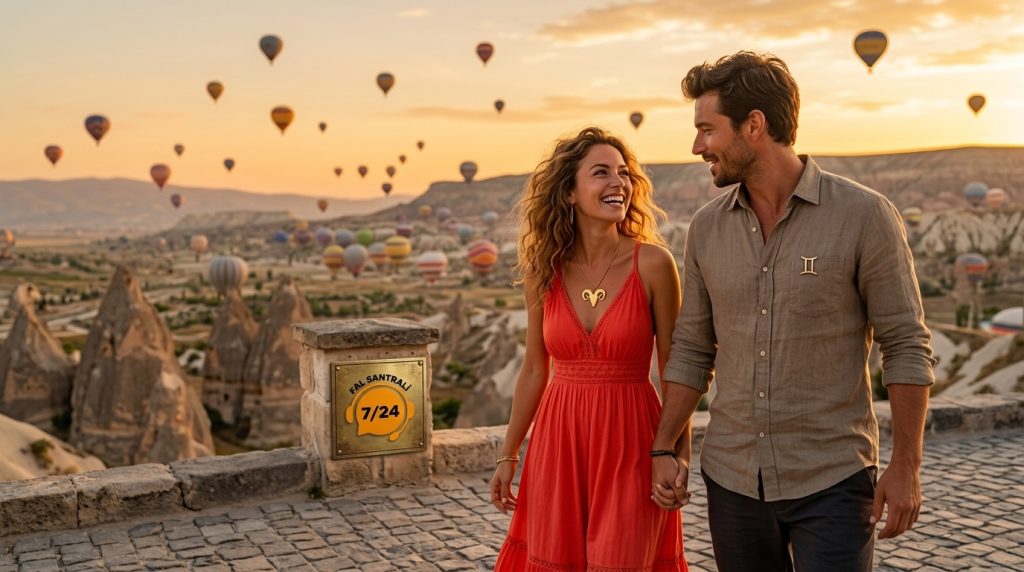 Koç kadını İkizler erkeği uyumu: Türkiye’de turistik bir mekanda romantik bir çift ve Fal Santrali logosu.