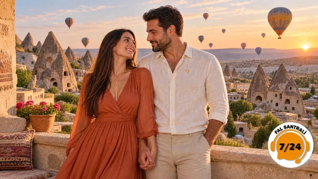 Kapadokya’da balon manzarası önünde el ele duran, Koç burcu sembolleri taşıyan romantik çift ve Fal Santrali logosu.