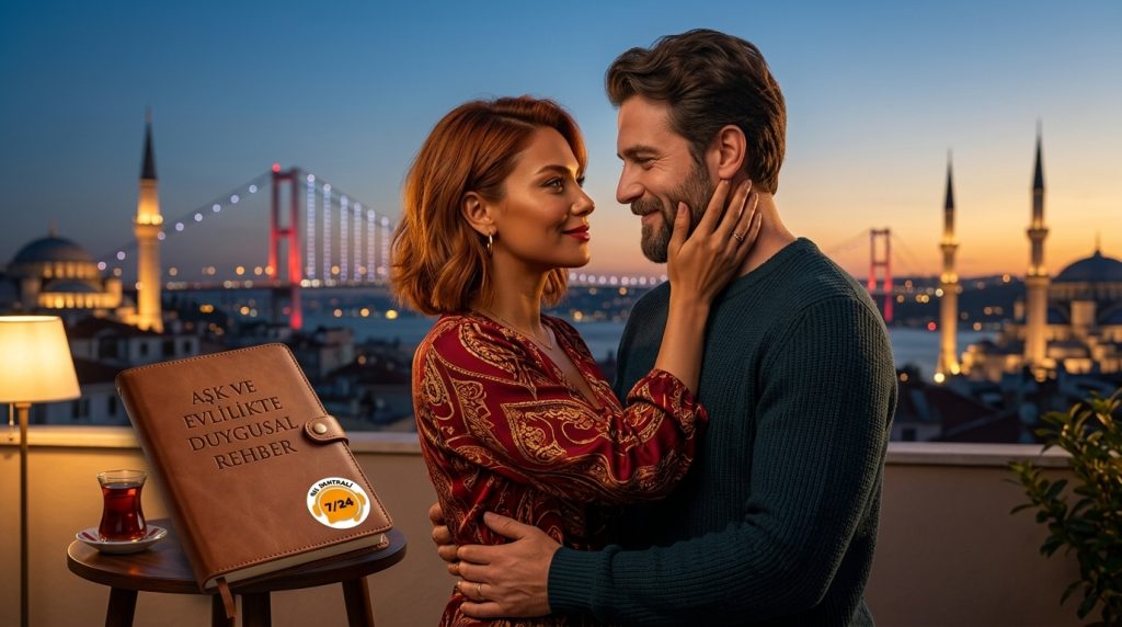 Koç kadını Yengeç erkeği uyumu konulu görselde, Türkiye’de turistik bir mekanda el ele romantik bir çift ve Fal Santrali logosu yer alıyor.