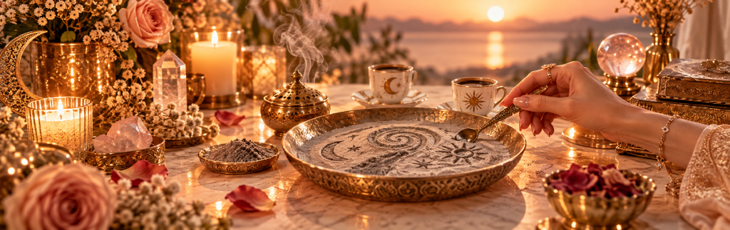 Kül falı için hazırlanmış mistik masada kül desenleri, mumlar, kristaller, kahve fincanları ve ritüel detayları.