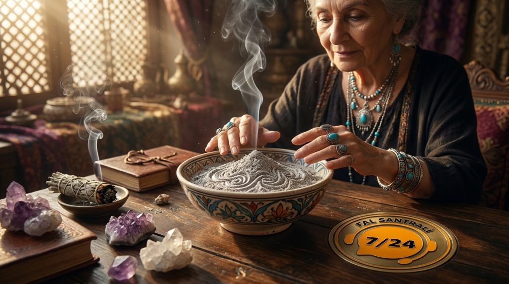 masa üzerinde kül falına bakan bir falcı ellerini külün dumanına tutuyor.