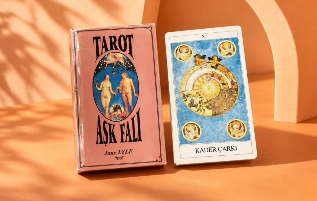 Turuncu arka plan üzerinde Tarot Aşk Falı kutusu ve Kader Çarkı tarot kartı.