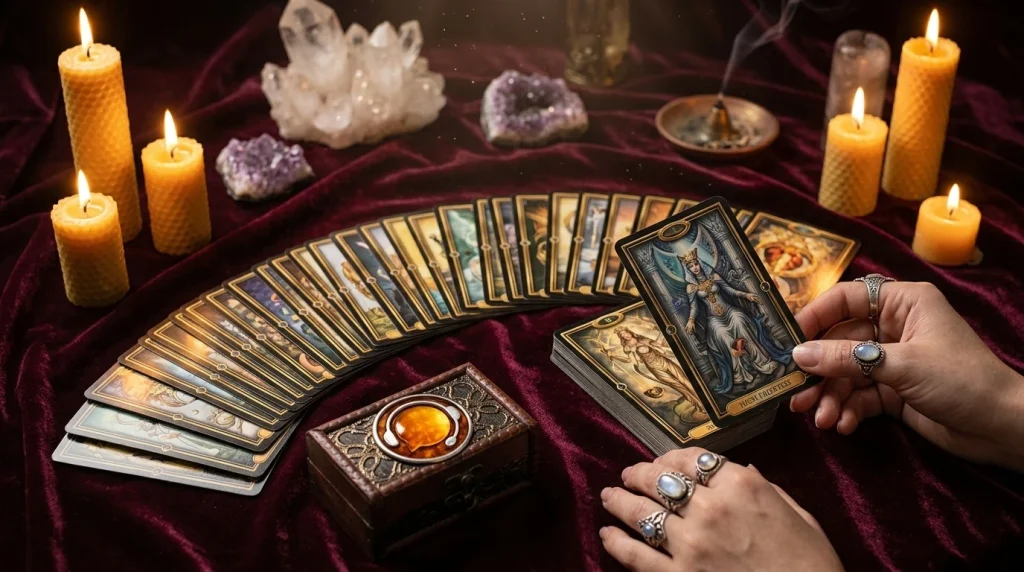 Mumlar ve kristallerle çevrili masada tarot falı için açılmış kartlardan birini seçen eller.