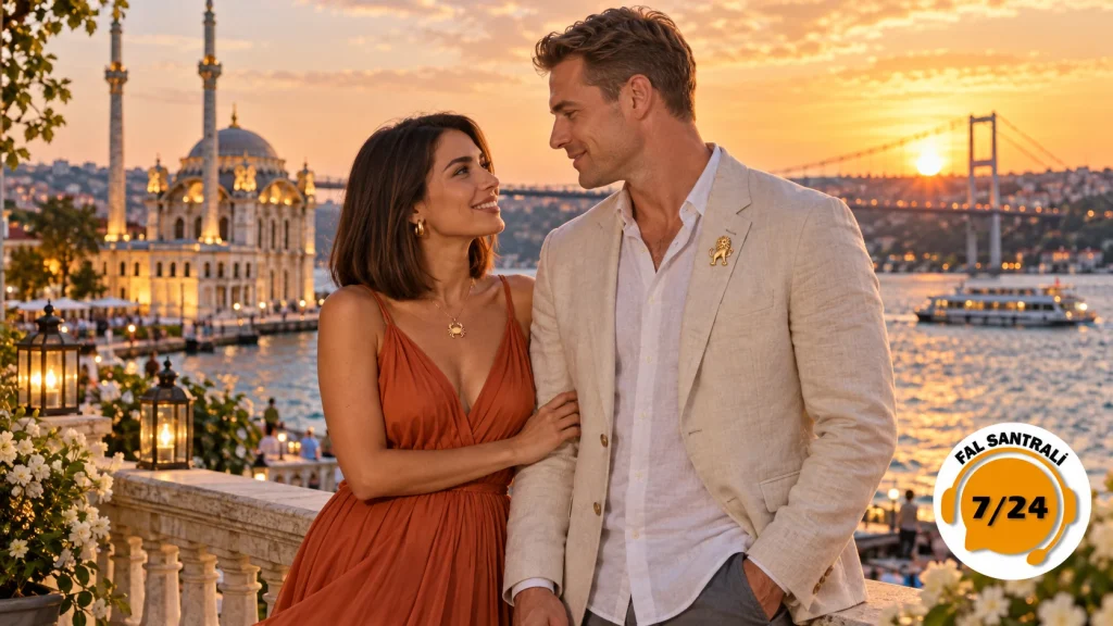 İstanbul Boğazı ve Ortaköy manzarasında, gün batımında romantik bir sahne